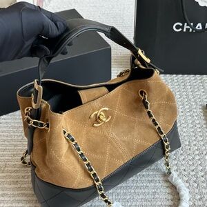CHANEL Suede and Leather Two-Tone Hobo Bag in Camel and Black